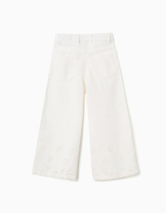 Calças wide leg de sarja com bordado inglês para menina, bege-claro