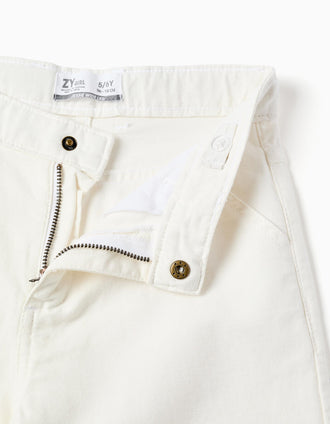 Calças wide leg de sarja com bordado inglês para menina, bege-claro