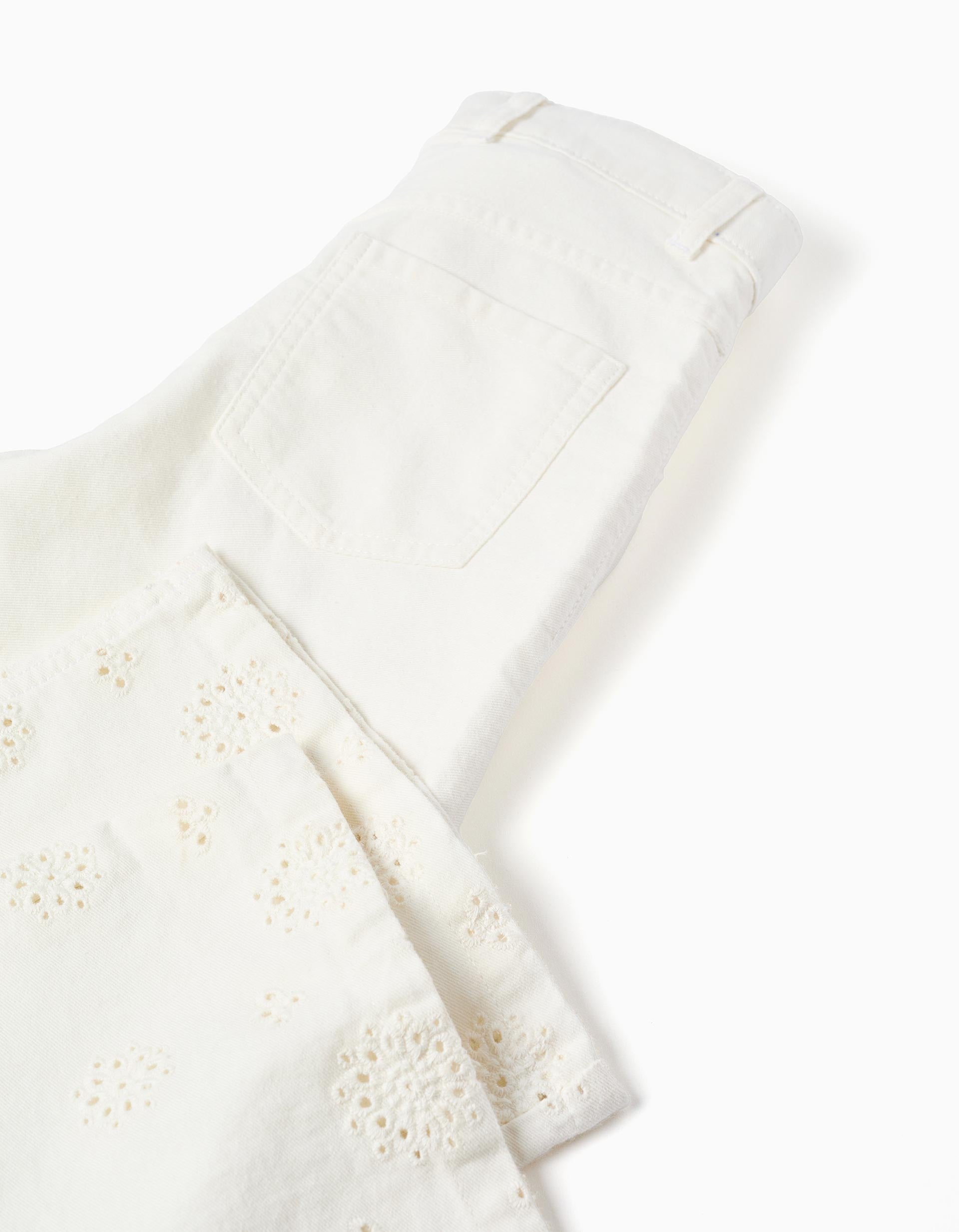 Pantalon large en sergé avec broderie anglaise pour fille, beige clair