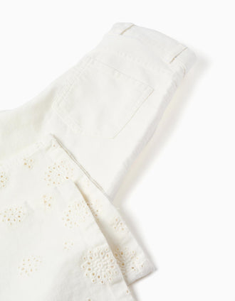 Calças wide leg de sarja com bordado inglês para menina, bege-claro