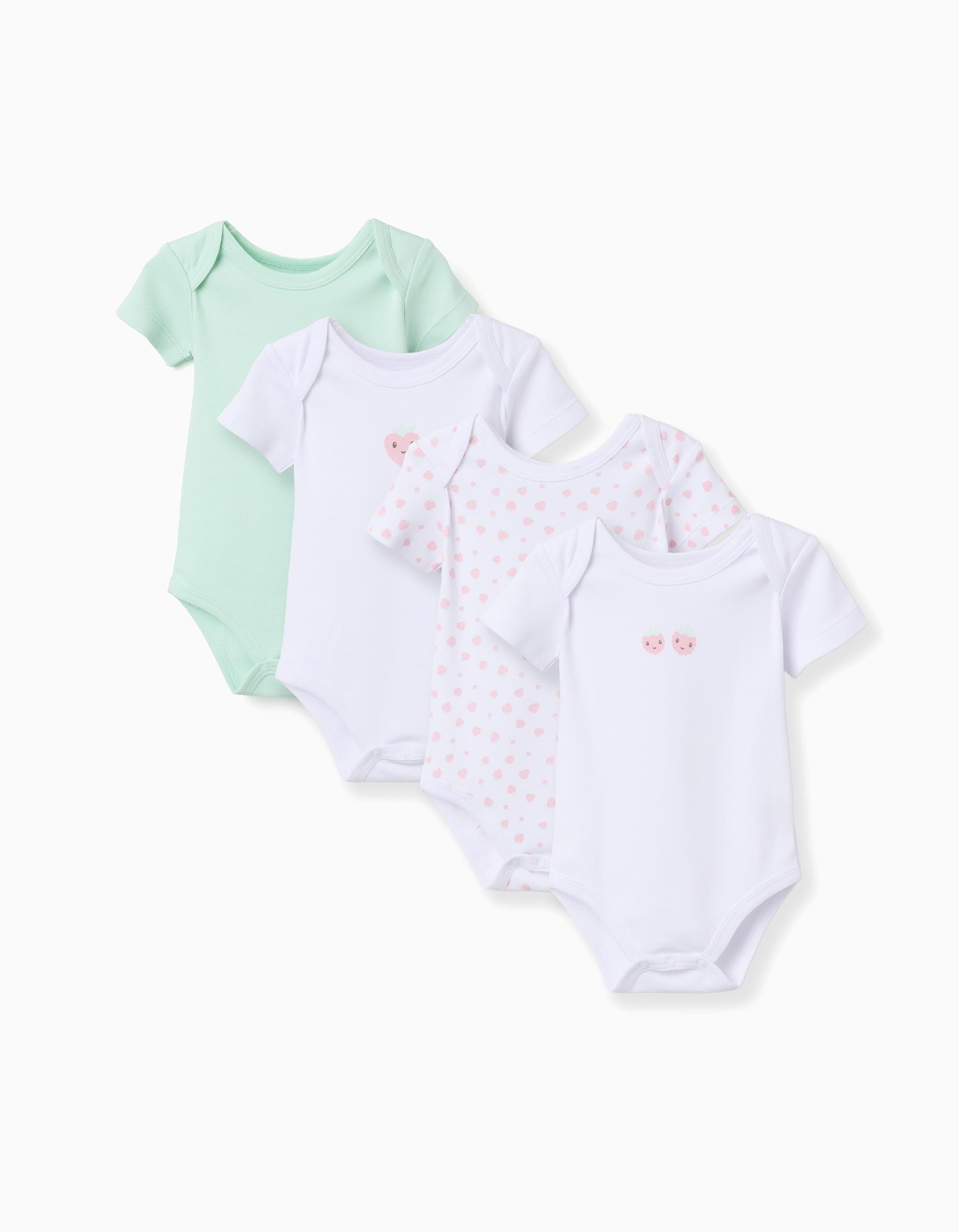 4 cotton bodysuits with strawberries for newborn and baby girls, multicolour