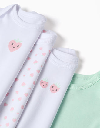 4 bodies de algodão com morangos para recém-nascida e bebé, multicolor