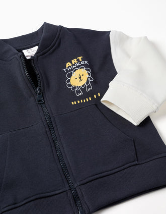 Casaco bomber com leão estampado para bebé menino, azul-escuro/branco