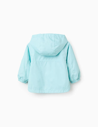 Hooded windbreaker with lining for baby girls, turquoise blue