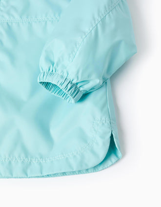 Hooded windbreaker with lining for baby girls, turquoise blue