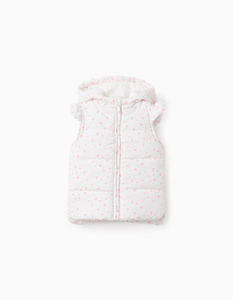 Padded vest with hood and motif for baby girls, white/pink