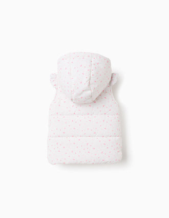 Padded vest with hood and motif for baby girls, white/pink