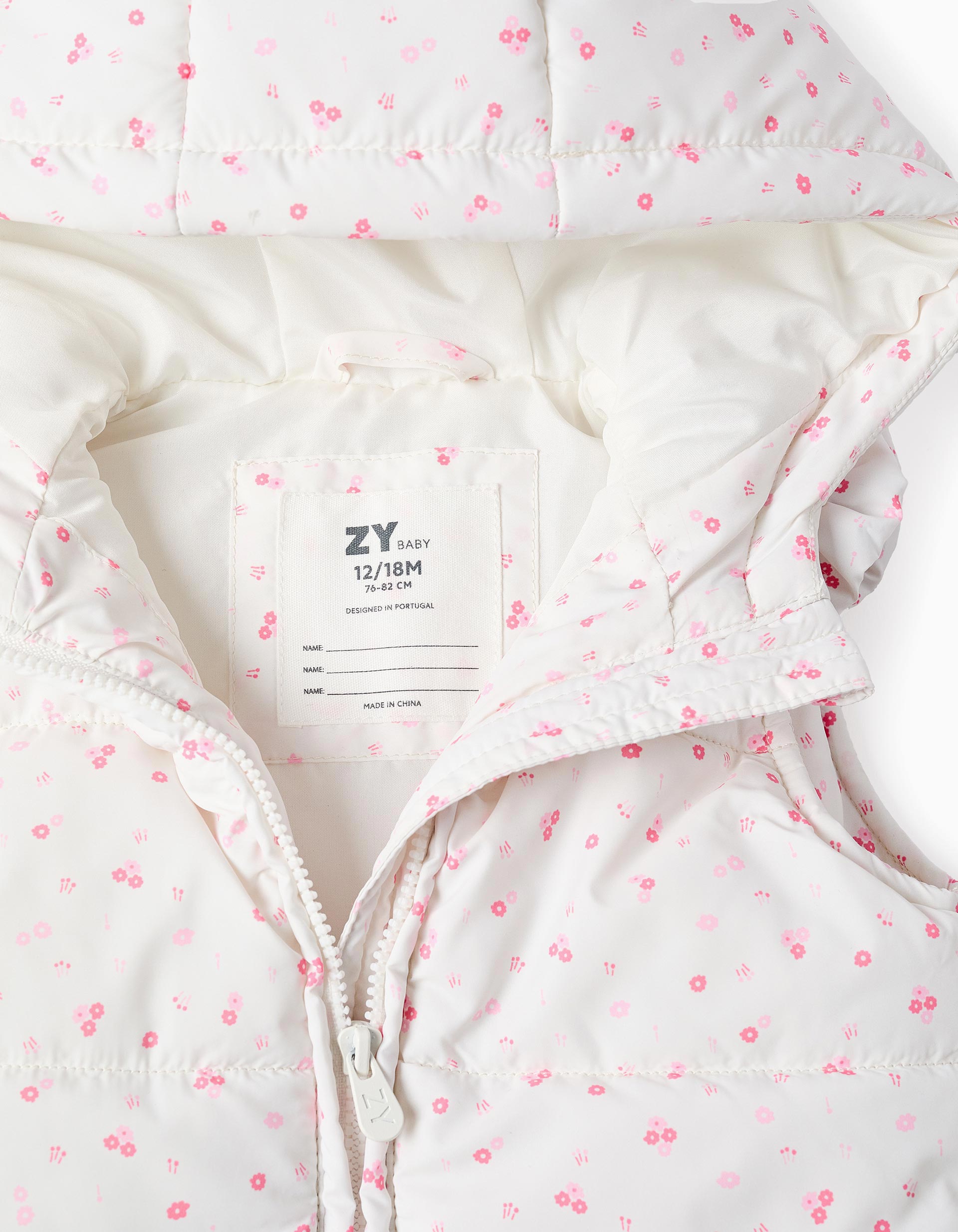 Chaleco acolchado con capucha y motivo para bebé niña, blanco/rosa