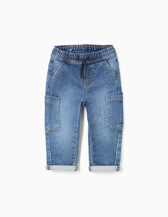 Pantalón vaquero recto con bolsillos cargo para bebé niño, azul
