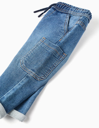 Pantalón vaquero recto con bolsillos cargo para bebé niño, azul