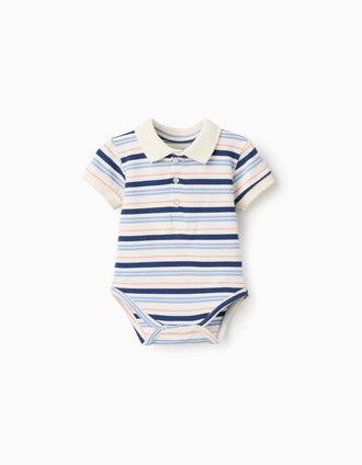 Body-polo de algodão às riscas para recém-nascido, branco/azul/laranja