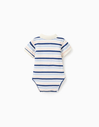 Body-polo de algodão às riscas para recém-nascido, branco/azul/laranja