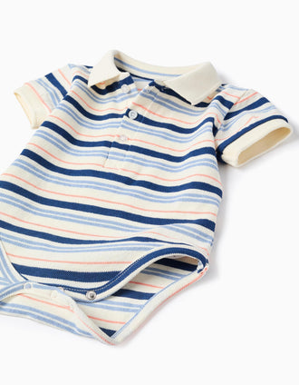 Body-polo de algodão às riscas para recém-nascido, branco/azul/laranja