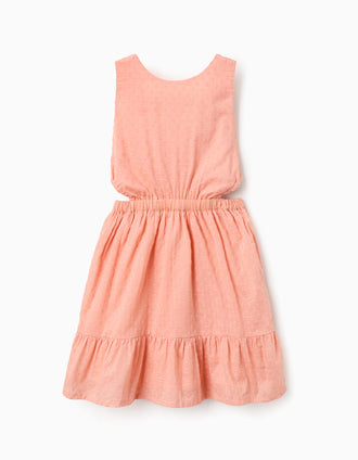 Vestido de algodão com bordado suíço para menina, laranja-salmão