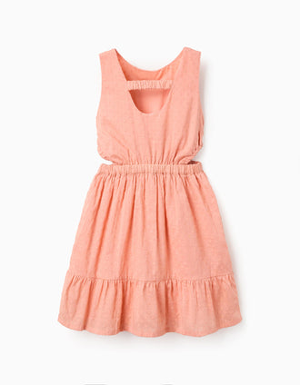 Vestido de algodão com bordado suíço para menina, laranja-salmão