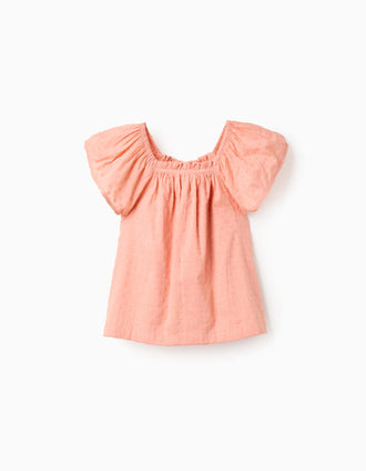 Top de algodão com bordado suíço para menina, laranja-salmão
