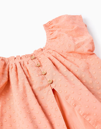 Top de algodão com bordado suíço para menina, laranja-salmão