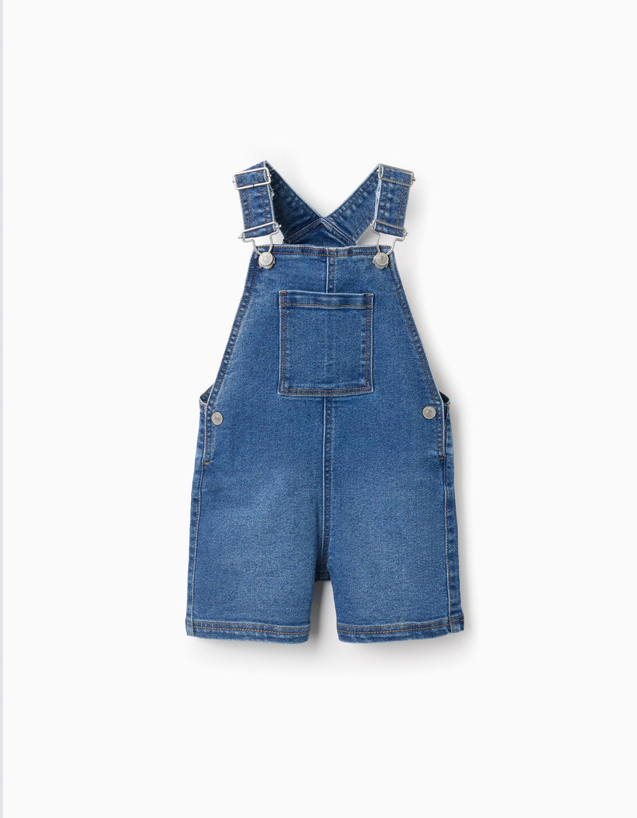 Short denim dungarees with pockets for babies, blue