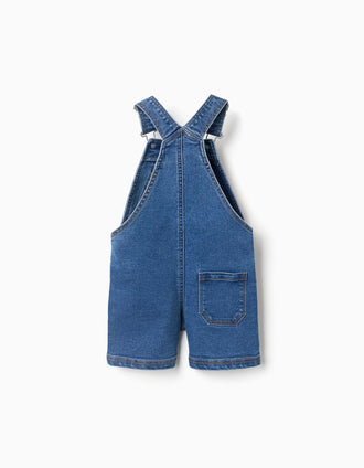 Short denim dungarees with pockets for babies, blue