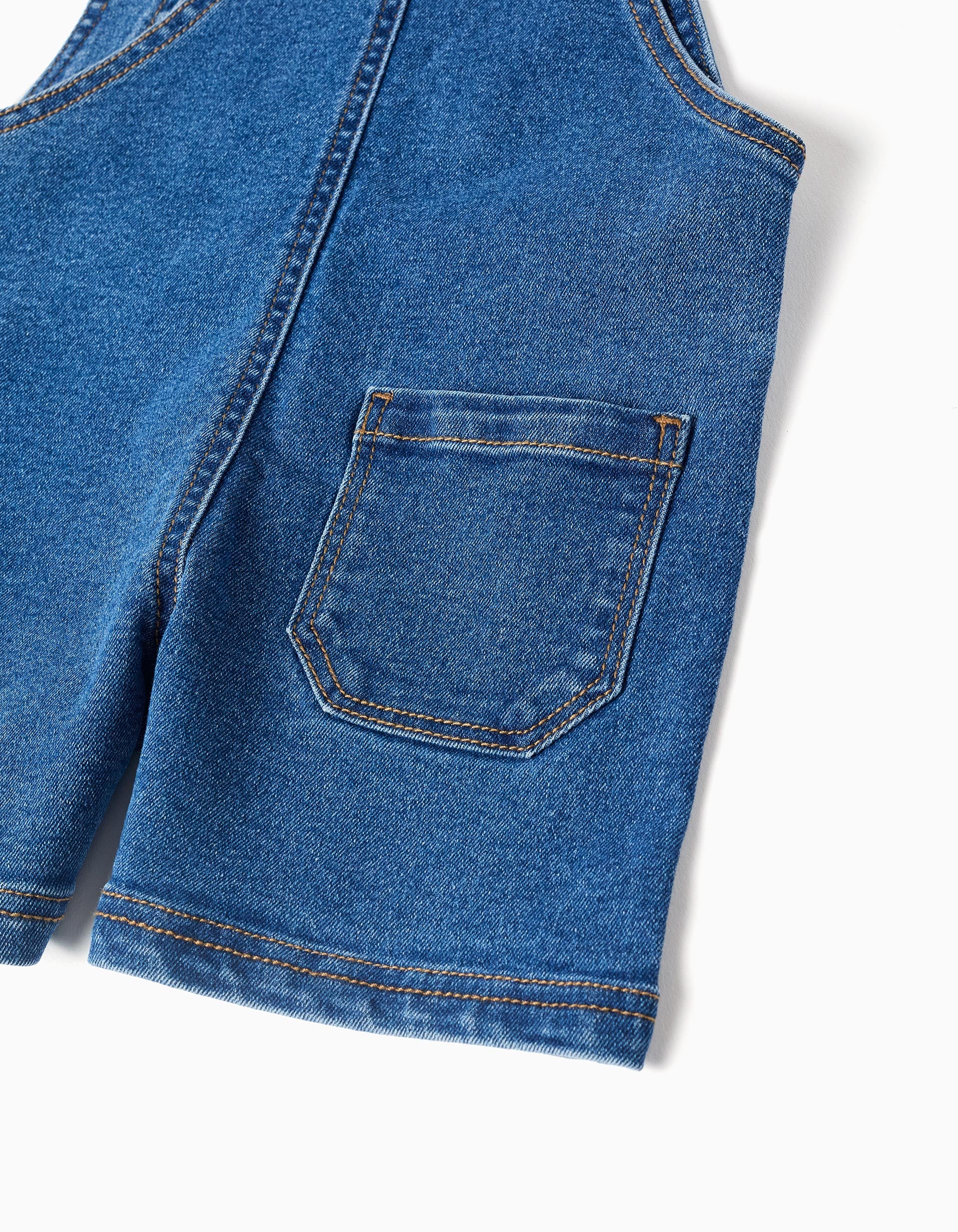 Jardineiras curtas de ganga com bolsos para bebé, azul