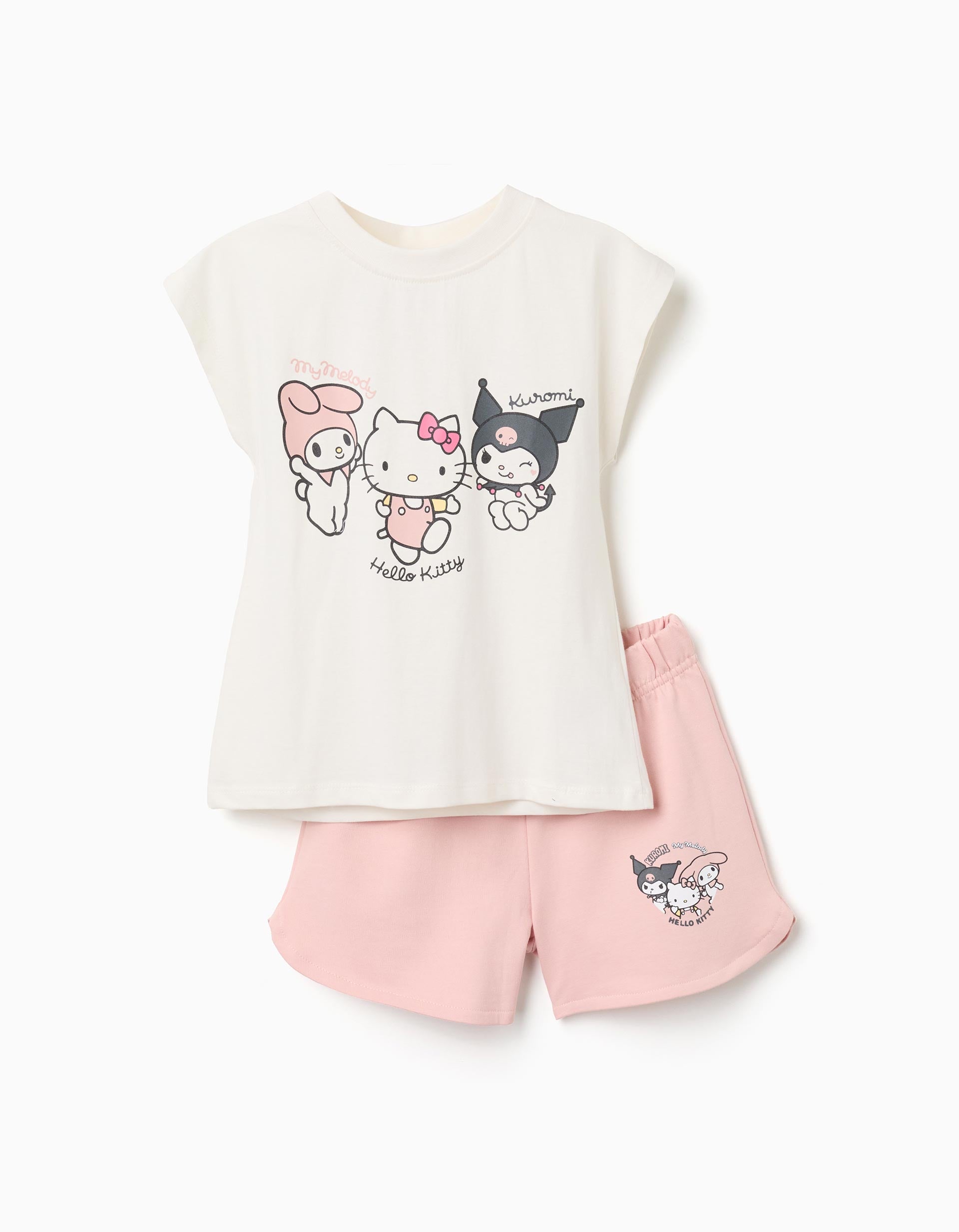 Camiseta + pantalón corto de algodón Kuromi para niña, blanco/rosa