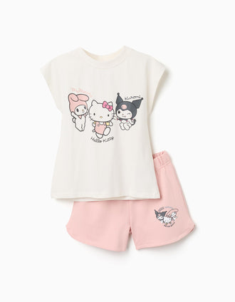 T-shirt + calções de algodão com estampado Kuromi para menina, branco/rosa