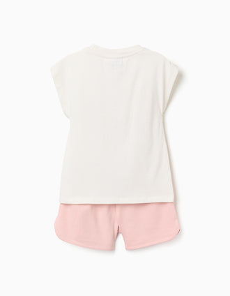 T-shirt + calções de algodão com estampado Kuromi para menina, branco/rosa