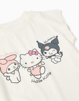 T-shirt + calções de algodão com estampado Kuromi para menina, branco/rosa