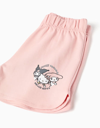 T-shirt + calções de algodão com estampado Kuromi para menina, branco/rosa