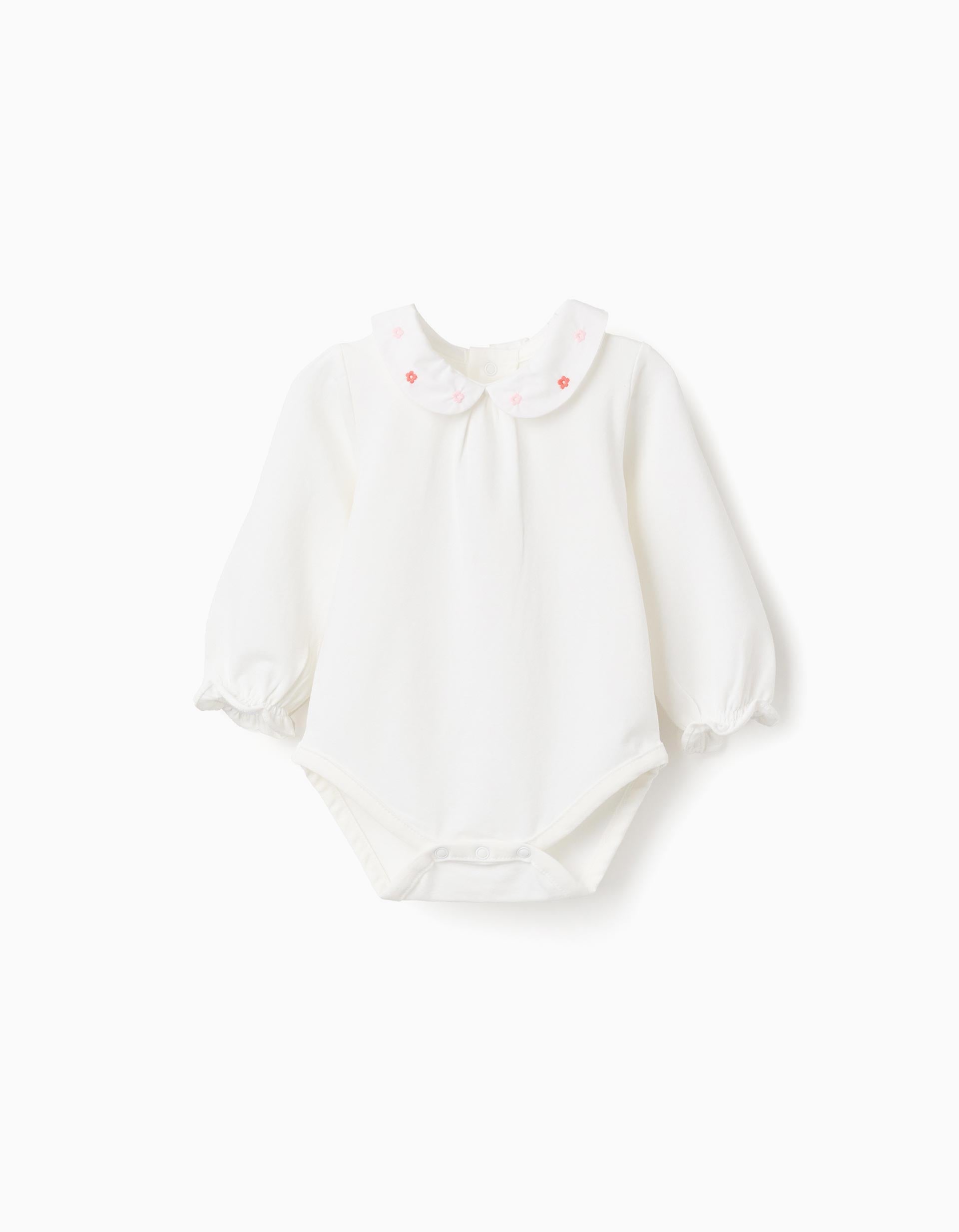 Body à manches longues avec fleurs et volants pour nouveau-née, blanc