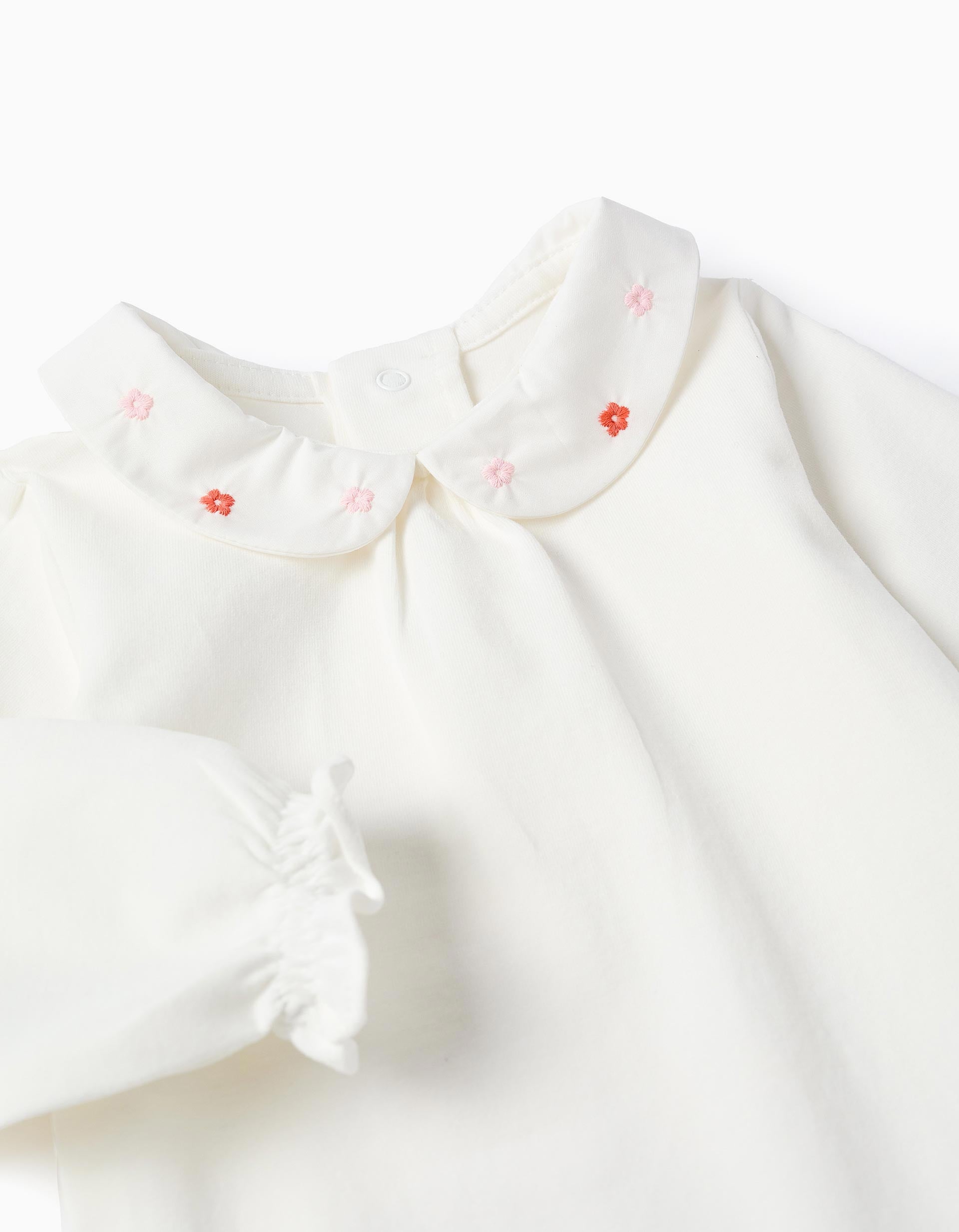 Body à manches longues avec fleurs et volants pour nouveau-née, blanc
