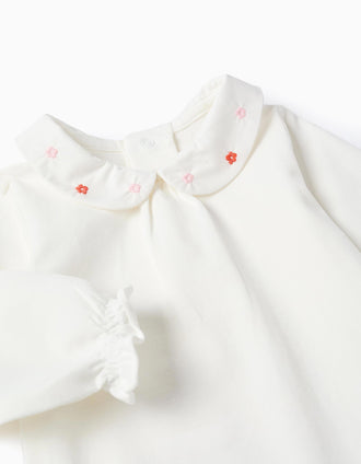 Body de manga comprida com flores e folhos para recém-nascida, branco