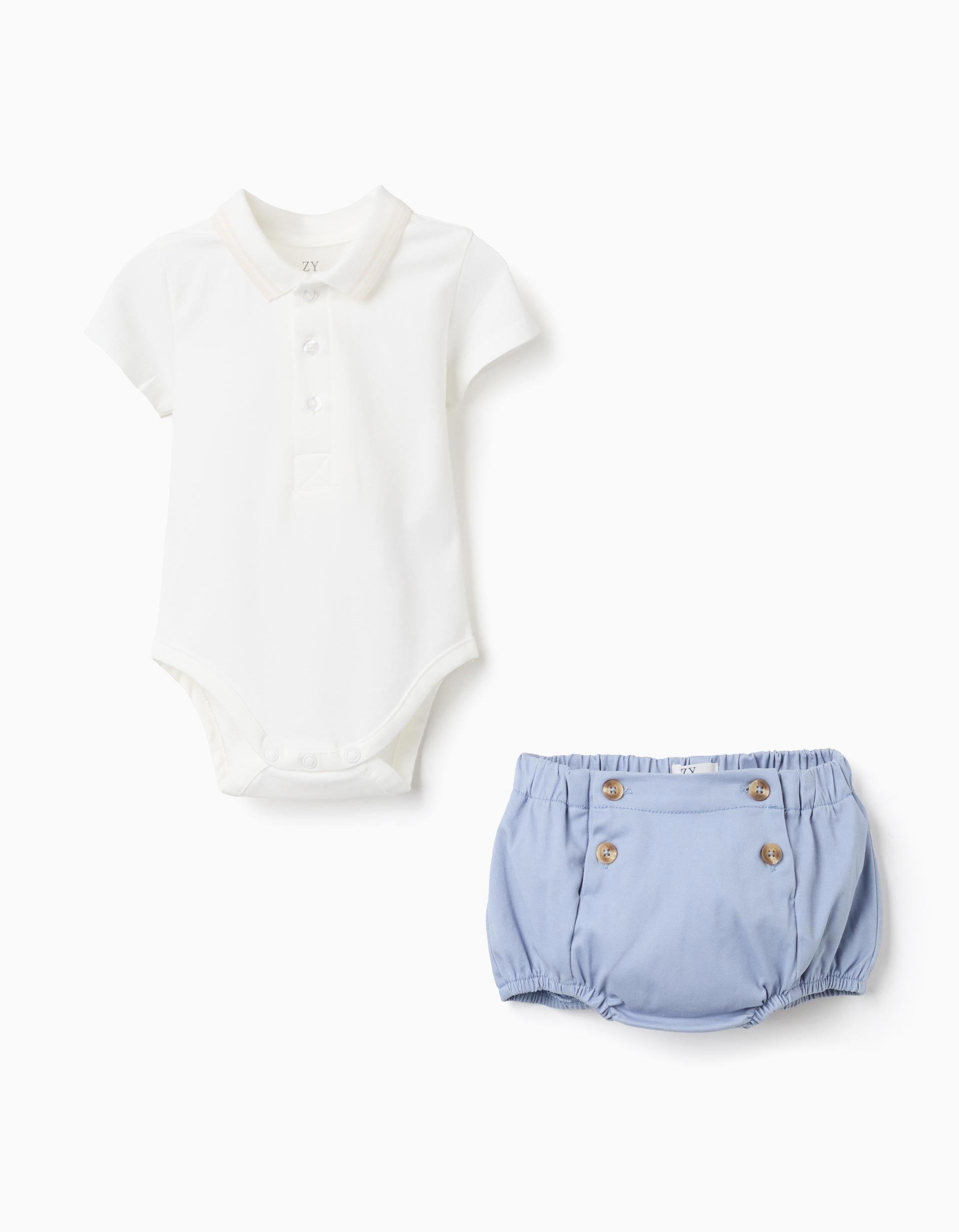 Body-polo + short en sergé pour nouveau-né, blanc/bleu clair