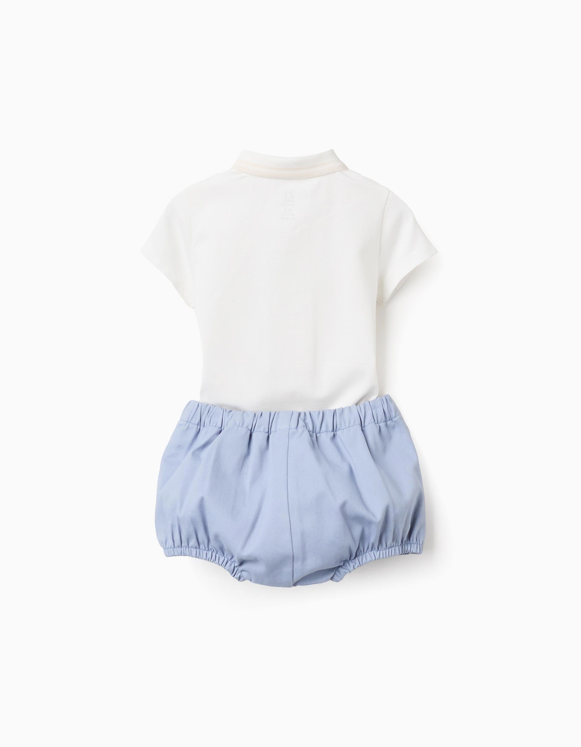 Body-polo + short en sergé pour nouveau-né, blanc/bleu clair