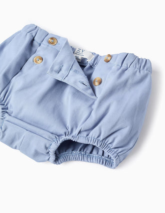 Polo-bodysuit + twill shorts for newborn boys, white/light blue