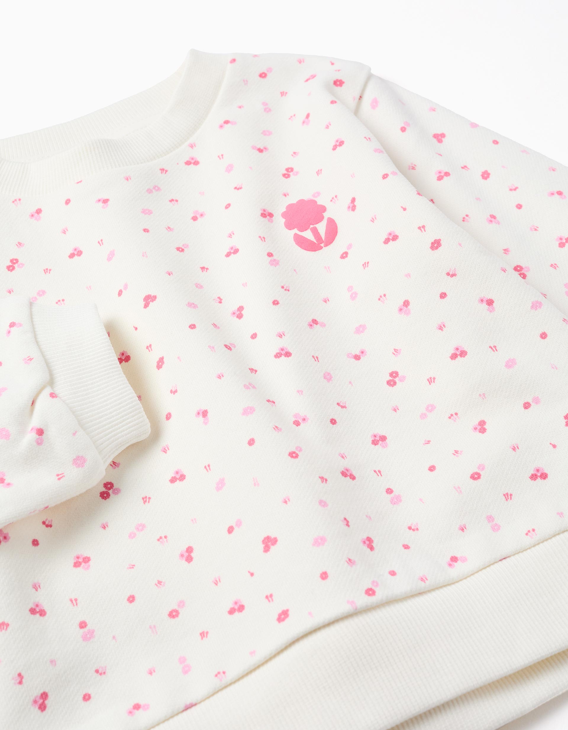 Sweat de algodão com motivo floral para bebé menina, branco/rosa