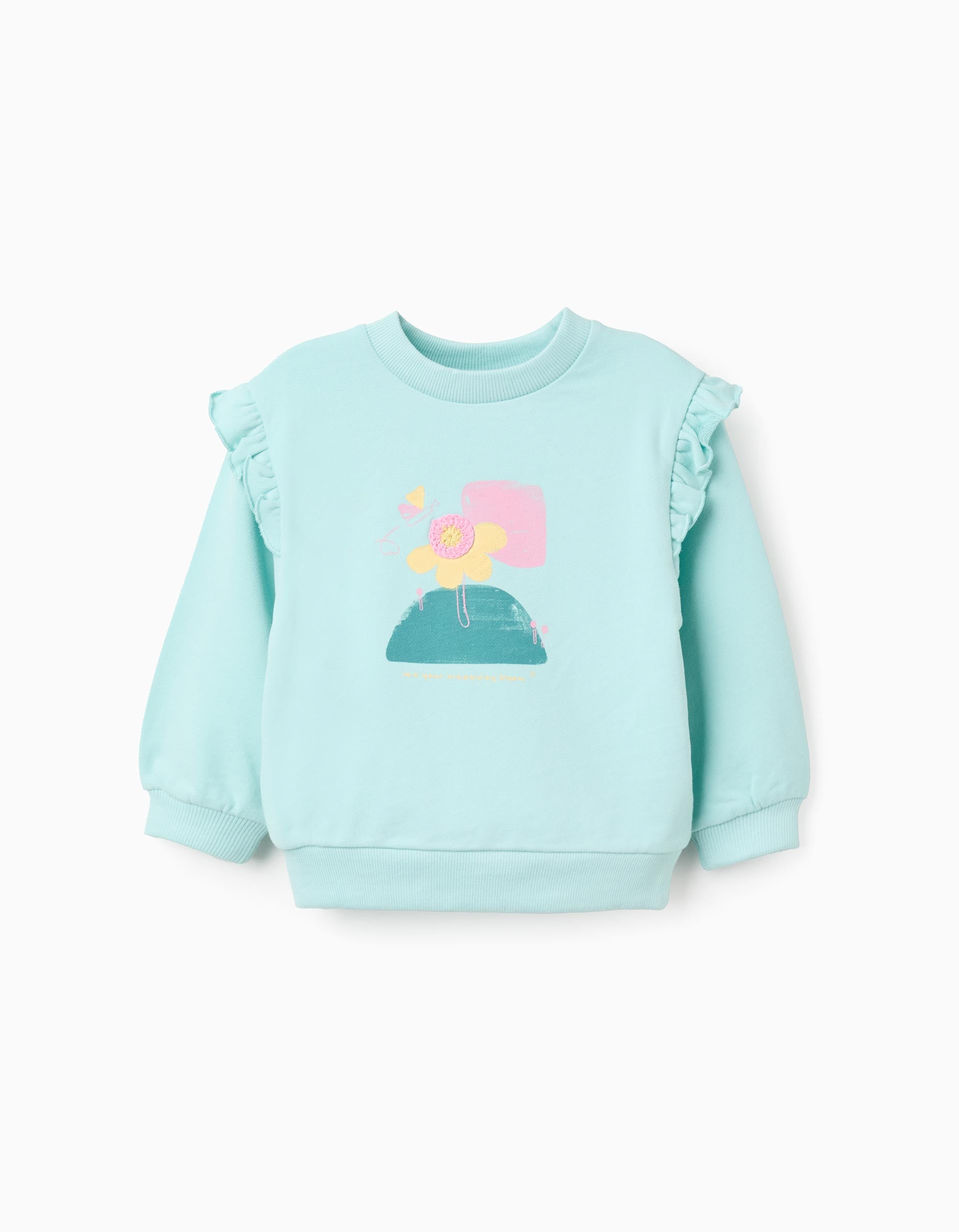 Sweat de algodão com estampado floral e folhos para bebé menina, azul