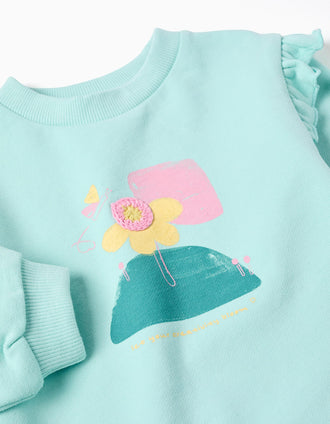 Sweat de algodão com estampado floral e folhos para bebé menina, azul