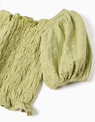 Top de algodão em bordado inglês com mangas balão para menina, verde