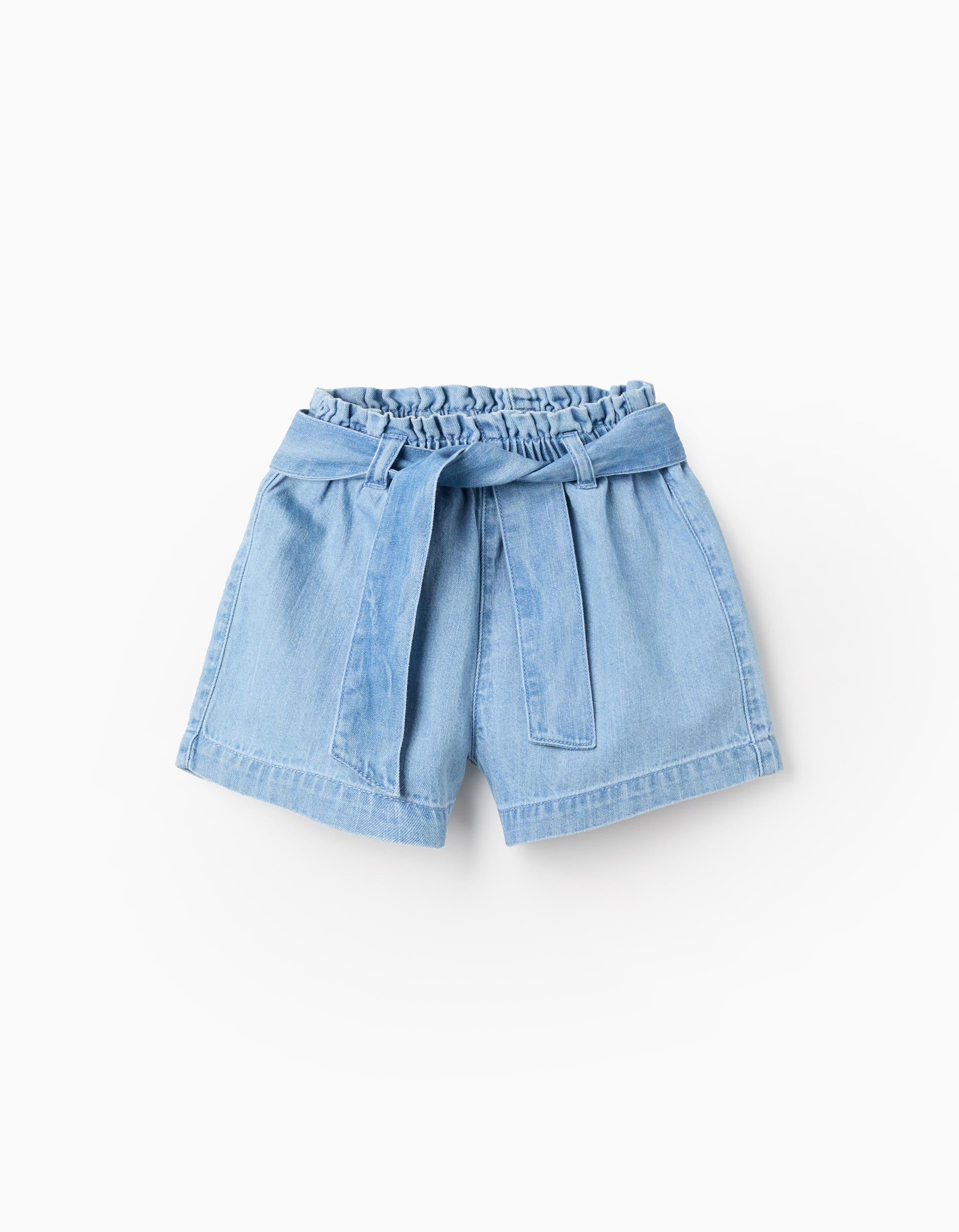 Denim shorts with paperbag waist and belt for baby girls, blue