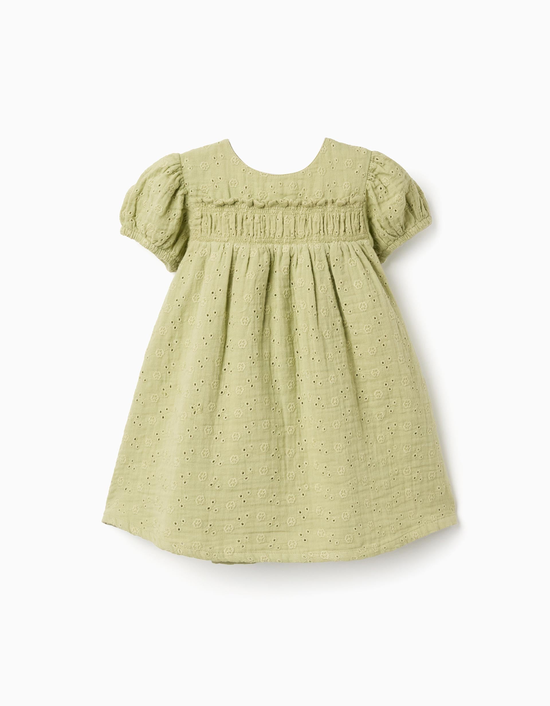 Vestido de algodão em bordado inglês para bebé menina, verde-claro