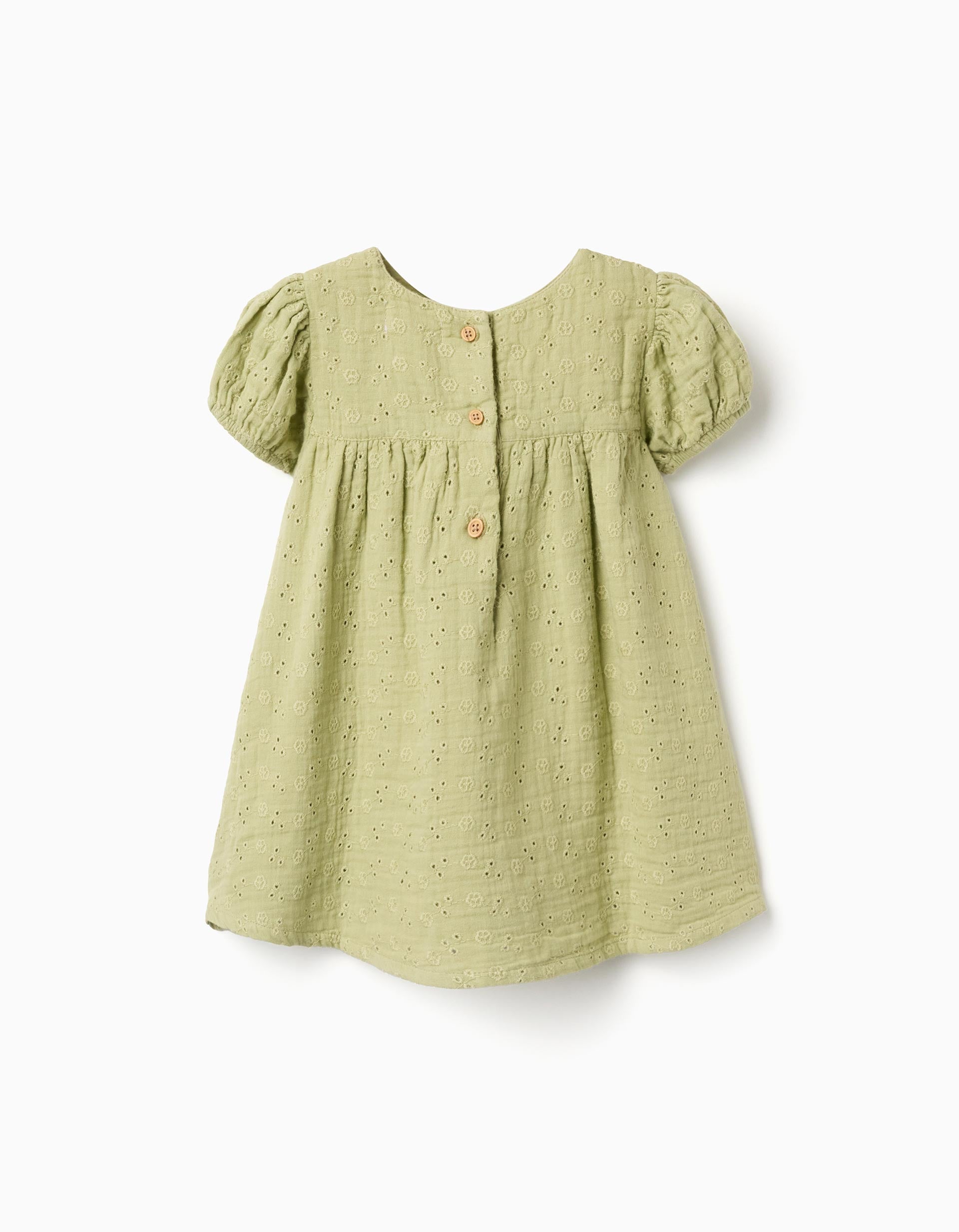 Vestido de algodão em bordado inglês para bebé menina, verde-claro