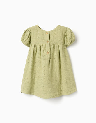 Vestido de algodão em bordado inglês para bebé menina, verde-claro