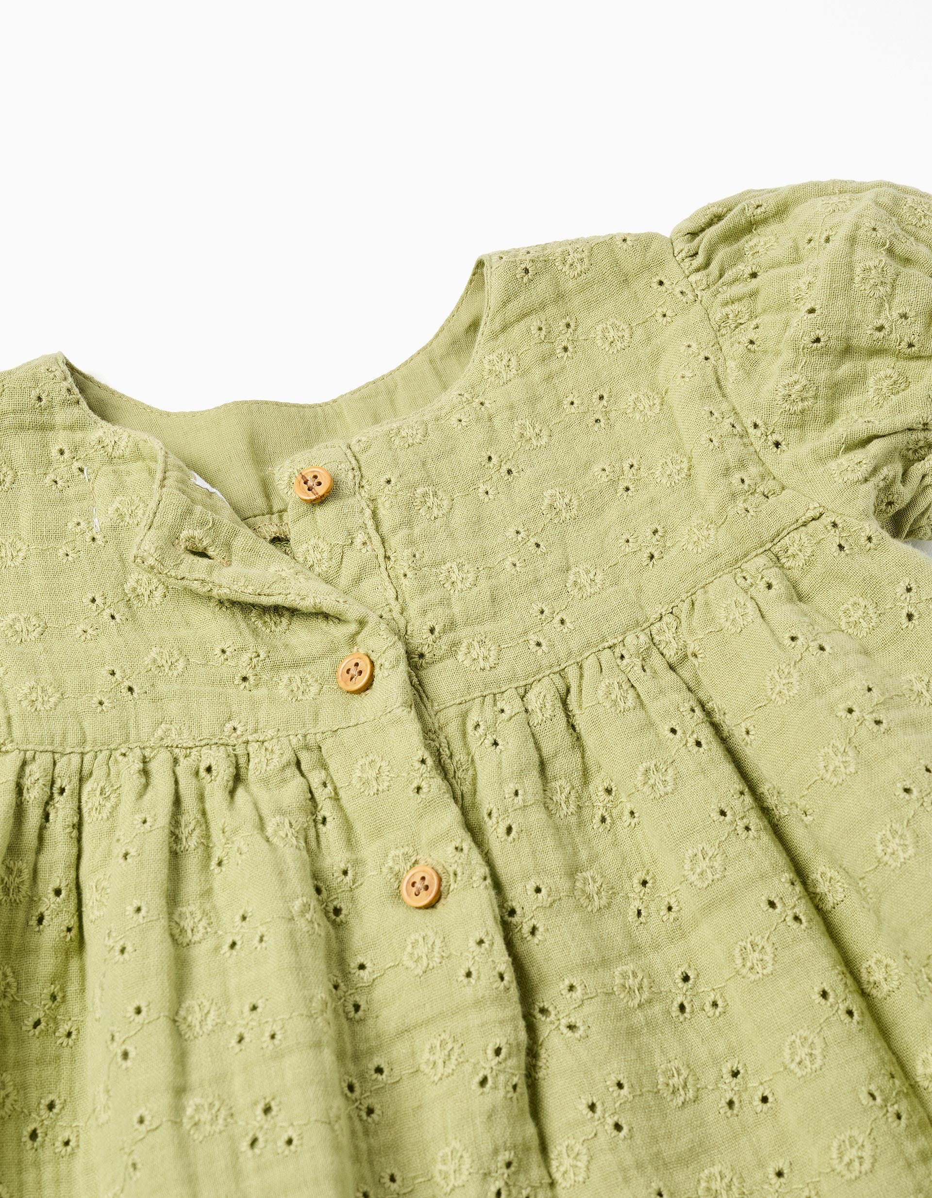 Vestido de algodão em bordado inglês para bebé menina, verde-claro
