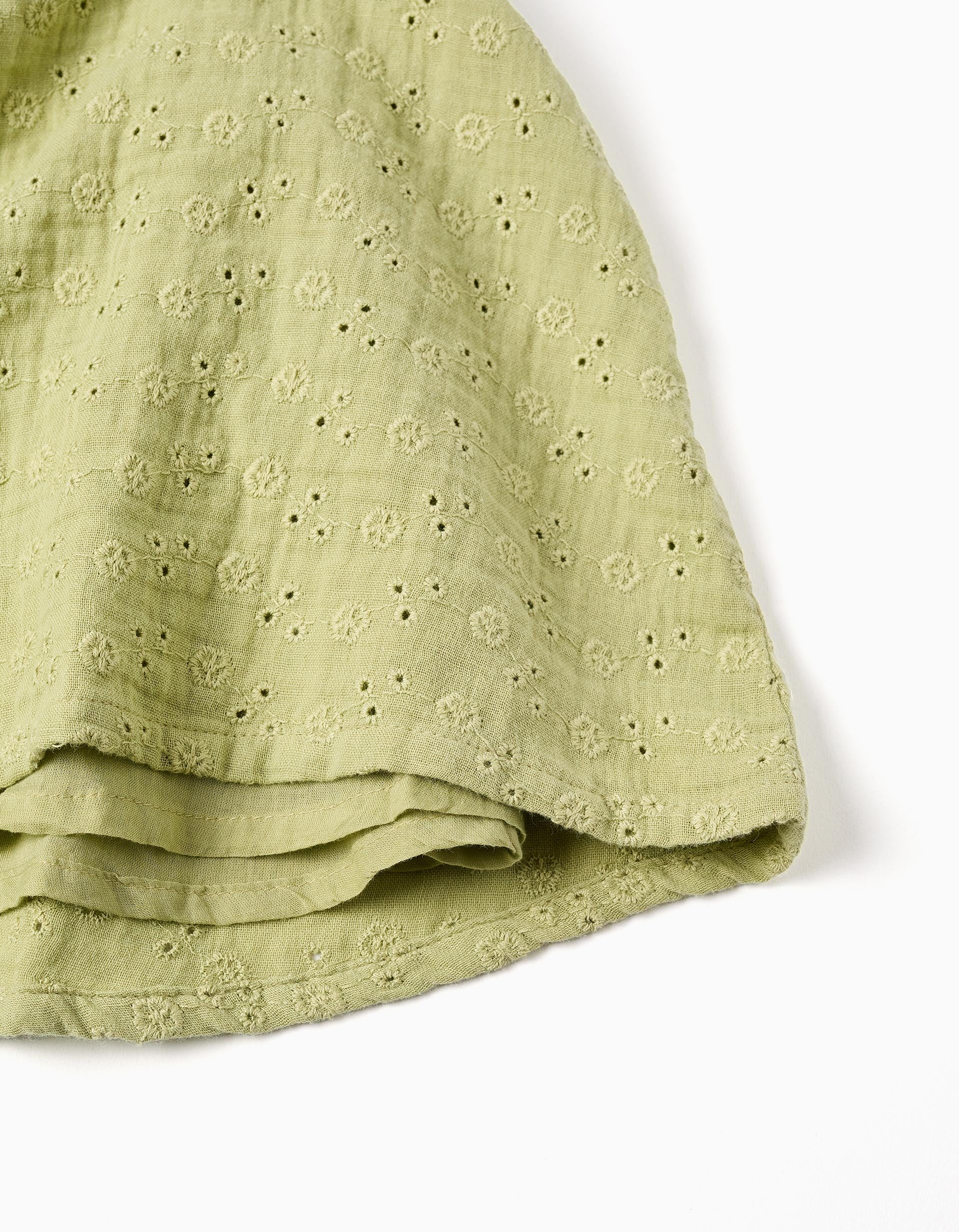 Vestido de algodão em bordado inglês para bebé menina, verde-claro