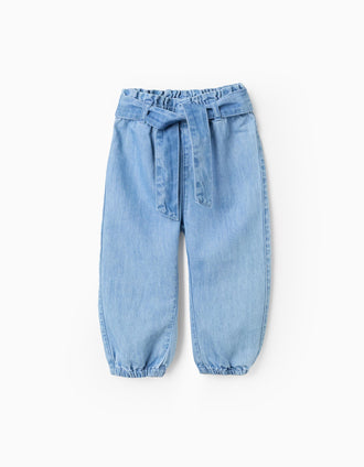 Pantalón vaquero con cintura paperbag y cinturón para bebé niña, azul