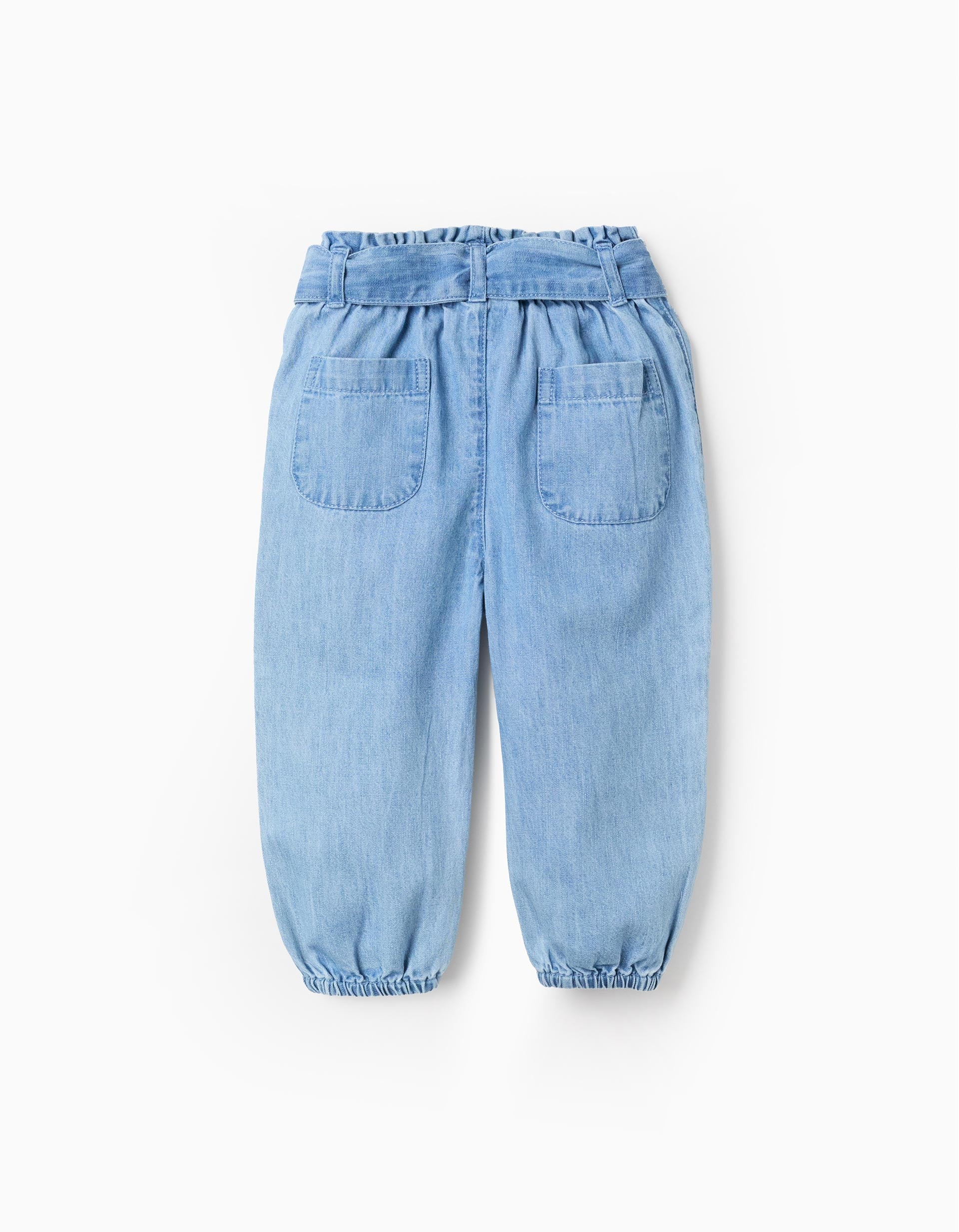 Denim trousers with paperbag waist and belt for baby girls, blue