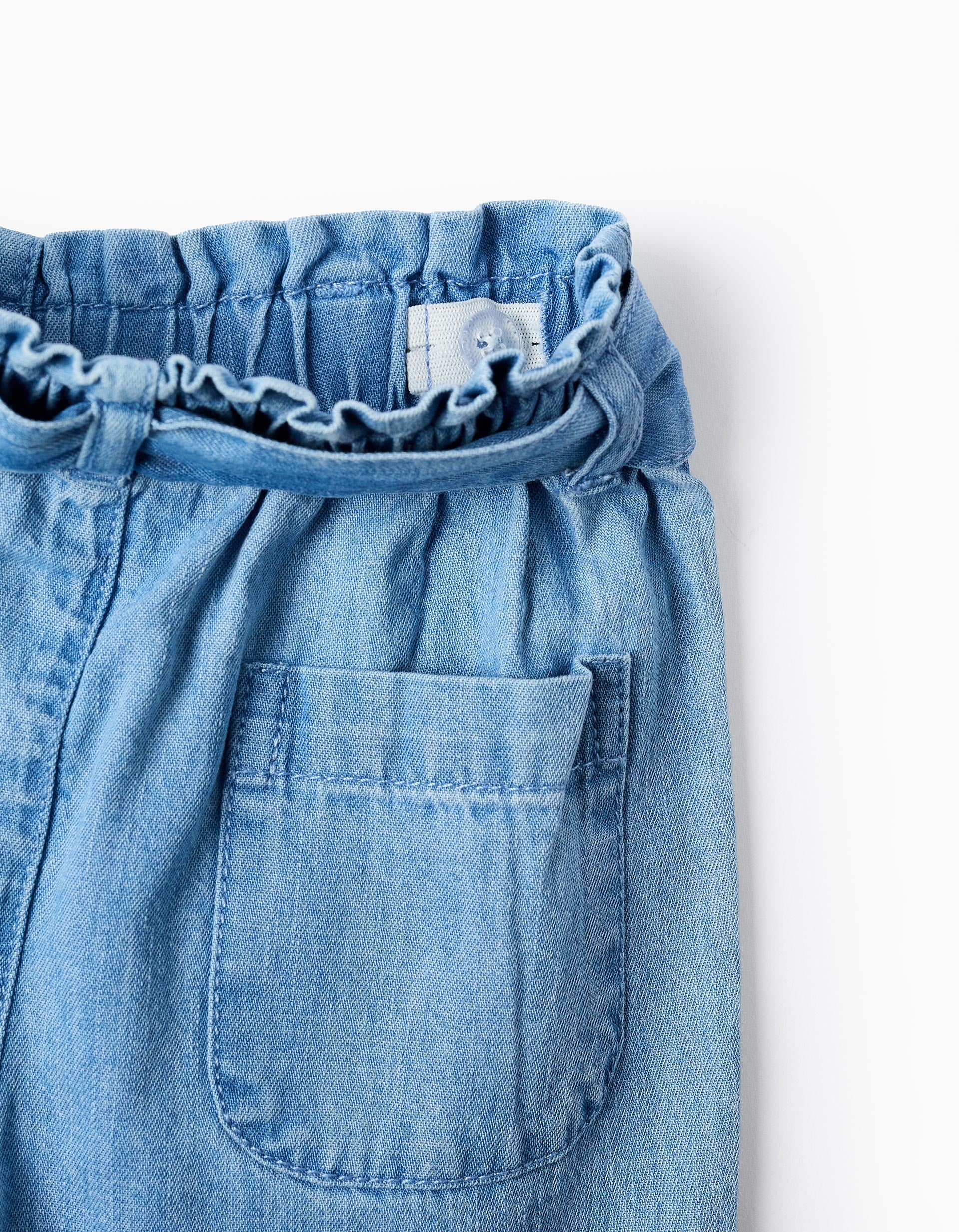 Denim trousers with paperbag waist and belt for baby girls, blue