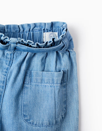 Pantalón vaquero con cintura paperbag y cinturón para bebé niña, azul