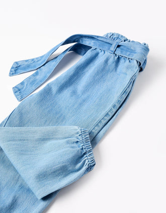 Pantalón vaquero con cintura paperbag y cinturón para bebé niña, azul